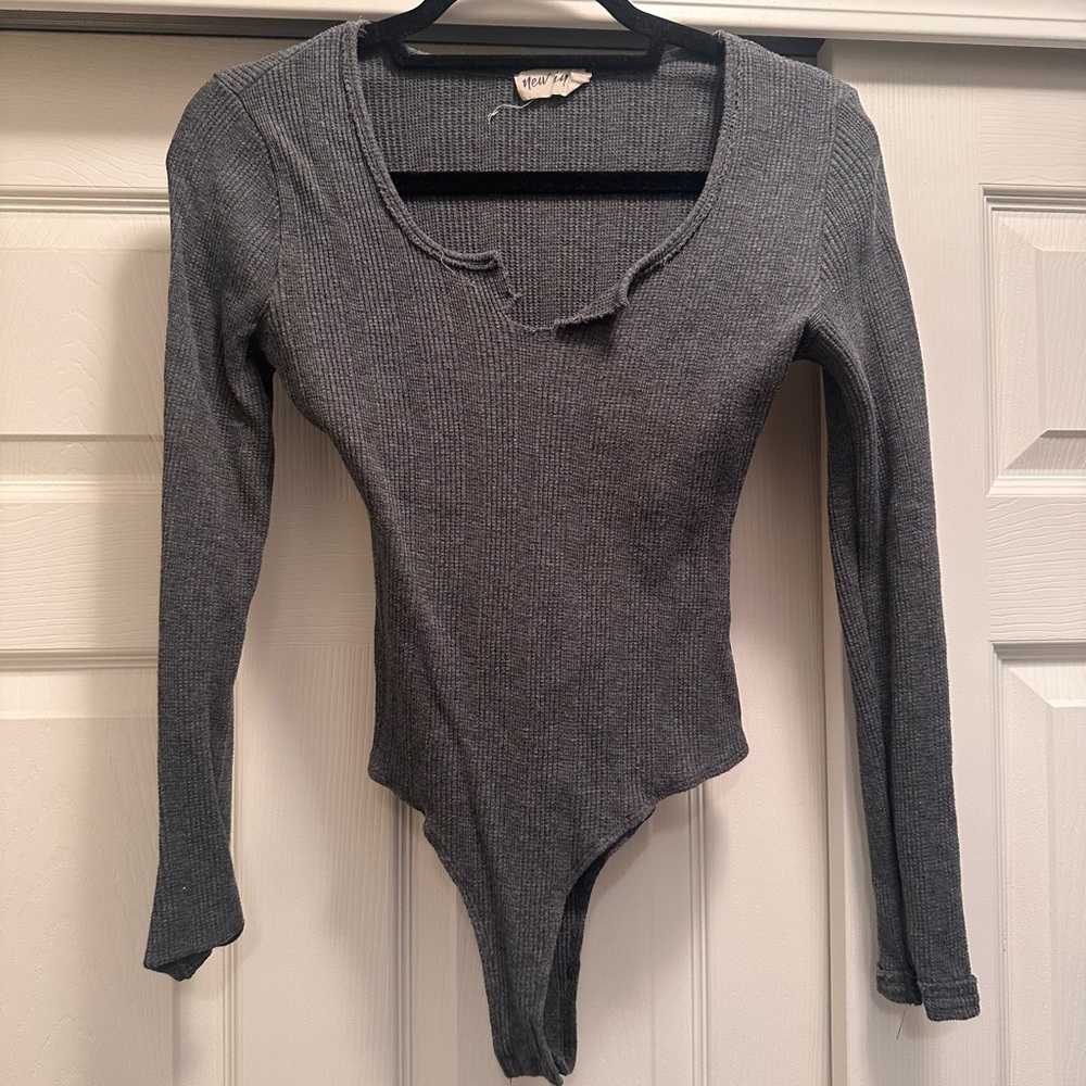 Gray Ribbed Long Sleeve Bodysuit